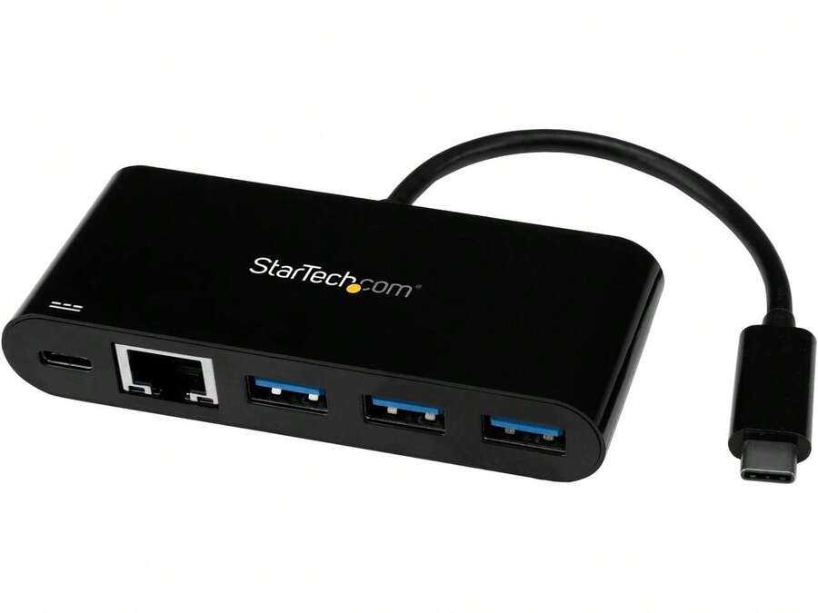 StarTech.Com USB-C To Ethernet Adapter With 3-Port USB 3.0 Hub And Power Delivery - USB-C GbE Network Adapter + USB Hub W/ 3 USB-A Ports - Black - View 1
