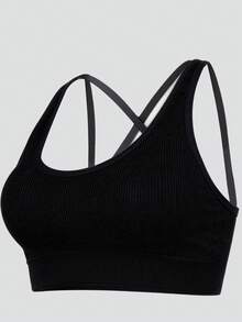 Runway Rest Women's Solid Color Camisole Sports Bra, Suitable For Daily Workout - Black - View 6