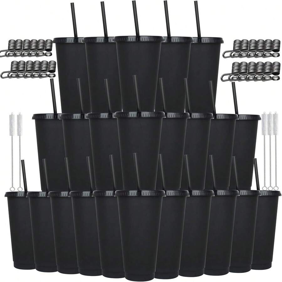 24-Pack 24oz Party Cups With Lids Straws Dust Covers Reusable Large Plastic Tumblers For St Patrick's Day Spring Camping Home Gathering Gift Giving Available In Pink Black White