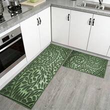 Embossed Green Leaf Non-Slip Washable Floor Mat Set, Boho Textured Botanical Leaf Home Decor Rugs For Kitchen Entryway Bathroom Kitchen Floor Mat Local Printed Entrance Door Mat Bathroom Mat, Kitchen Carpets, Laundry Room Decorations, Balcony - Multicolor - View 5