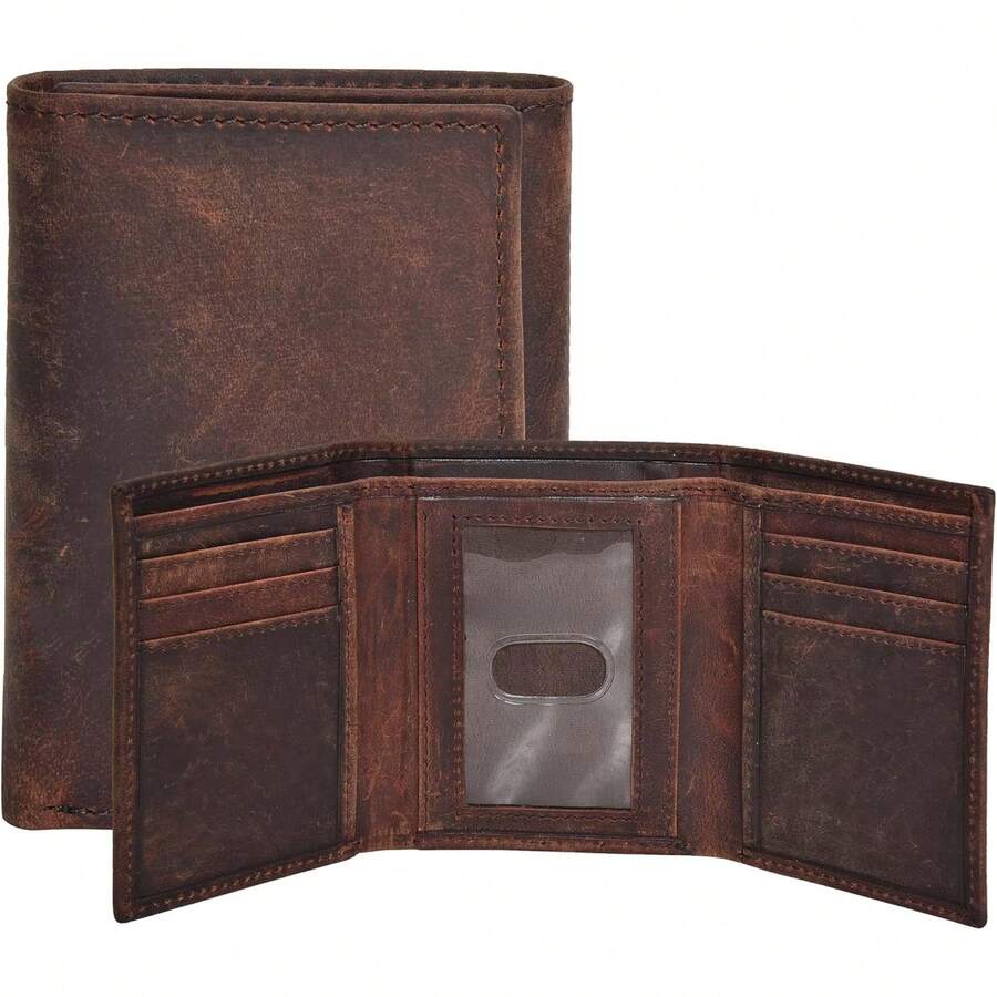 Real Leather Mens Trifold Wallet RFID Blocking Slim Minimalist Front Pocket - & Stylish With ID Window In Box - Brown - View 1