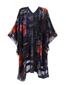 WeHello-Burnout Velvet Kimono For Women Long Cardigan Beach Cover Up Vacation Casual Shawl Swimwear Coverups Clothes Outfit Womenswear Chic Party Piece SpringStatements - xanh quân đội - Xem 1