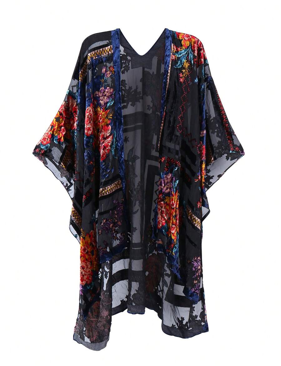 WeHello-Burnout Velvet Kimono For Women Long Cardigan Beach Cover Up Vacation Casual Shawl Swimwear Coverups Clothes Outfit Womenswear Chic Party Piece SpringStatements - xanh quân đội - Xem 1