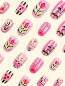 24 móng tay giả màu hồng kiểu Pháp, móng Y2K, móng ngắn hình bầu dục, họa tiết hoa và dâu tây, có thể tái sử dụng, móng acrylic, phụ kiện làm móng giả, tặng kèm 24 miếng dán gel và một dũa mini. - Hồng - Xem 3