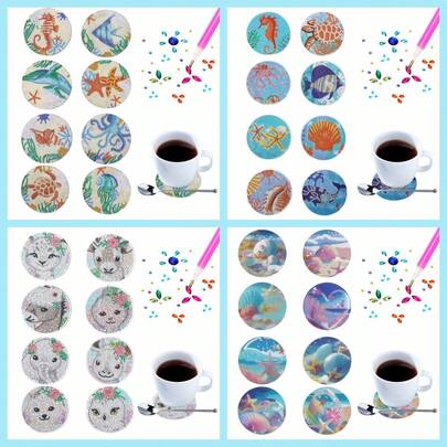 Bộ 8 đế lót ly tranh đính đá, hình động vật biển, vỏ sò, họa tiết động vật, chất liệu gỗ, thích hợp cho phòng khách, phòng ngủ, phòng tắm, bàn làm việc, làm quà tặng cho mọi dịp lễ.