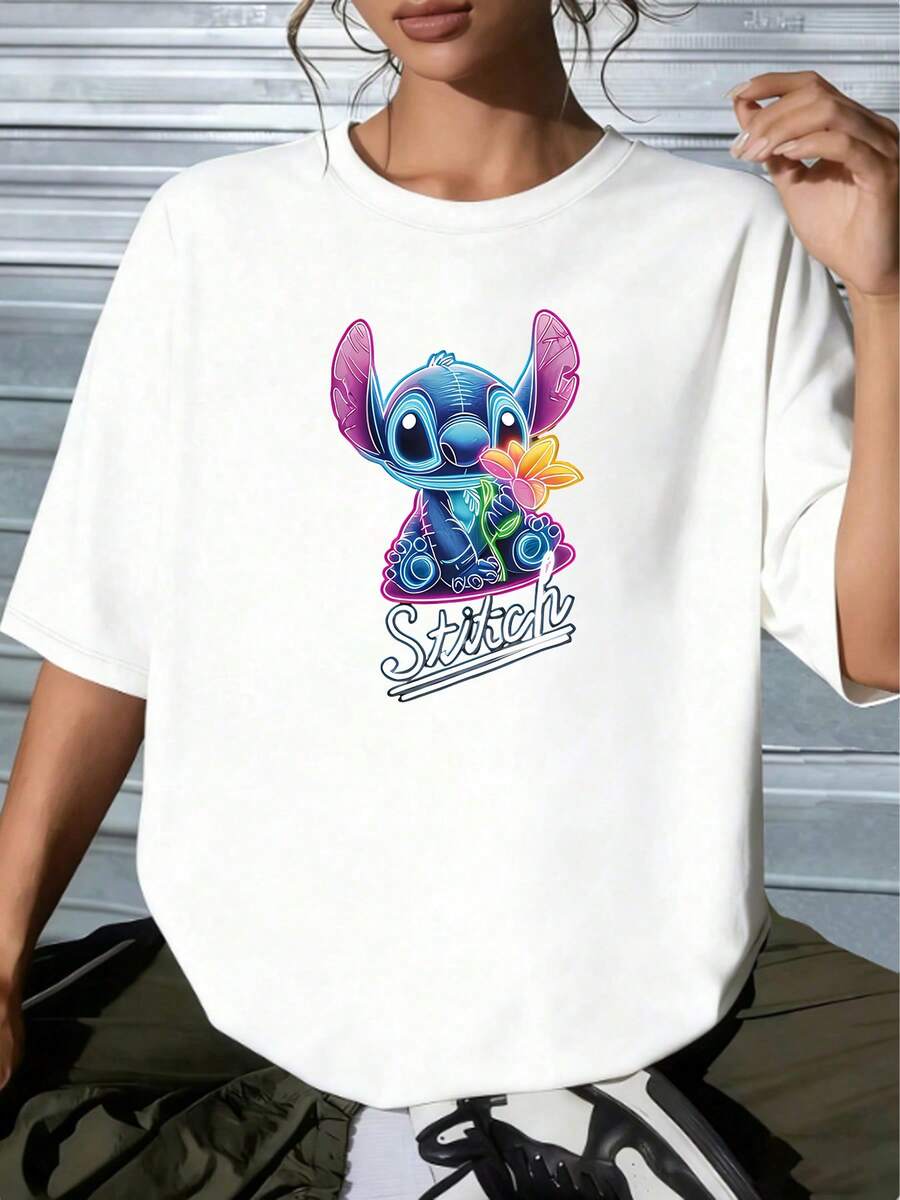 Disney Lilo And Stitch Neon Floral Graphic T-Shirt, Cute Stitch Oversized White TeeThis Women's Crew-Neck Cropped Top Is Suitable For All Seasons And Perfectly Suited For Any Occasion-Whether For Everyday Wear, A Shopping Trip, Or Attending Parties And Gatherings, It Is An Excellent Choice. It Serves Not Only As An Ideal Staple For Your Daily Wardrobe But Also As A Thoughtful Gift For Friends And Family. - 白色 - 查看 1