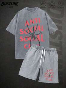 Yuega Tshrit 1PcBlack Mens Creative T Shirt And Shorts Set American Vintage Full Print Street Wear Essential Graphic Tee And Shorts With Anti Sociall Sociall Club Logo And Spider Print Washed Look Casual Outfit For Everyday Weargraphic Tees Men Tops 100 Percent Cotton Clothing - 灰色 - 查看 1