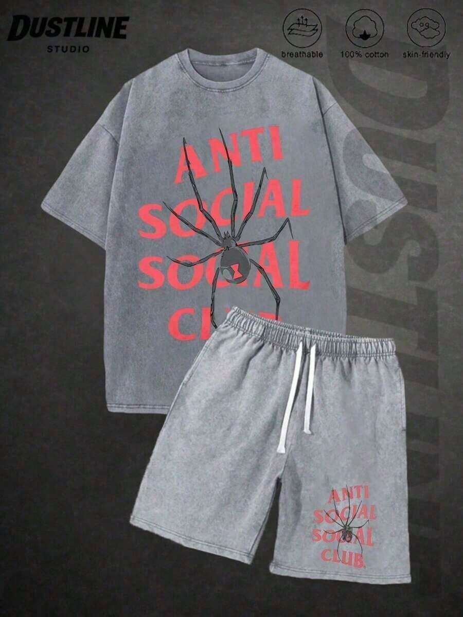 Yuega Tshrit 1PcBlack Mens Creative T Shirt And Shorts Set American Vintage Full Print Street Wear Essential Graphic Tee And Shorts With Anti Sociall Sociall Club Logo And Spider Print Washed Look Casual Outfit For Everyday Weargraphic Tees Men Tops 100 Percent Cotton Clothing - 灰色 - 查看 1