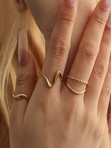 Bộ 3 chiếc nhẫn thép không gỉ mạ vàng 18K hình học bất đối xứng, nhẫn thời trang thanh lịch dành cho nữ, phù hợp đeo hàng ngày, dự tiệc, ngày lễ, hẹn hò, quà tặng trang sức tối giản. - Nhiều màu - Xem 8