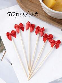 30/50/100 piezas Palillos con forma de cola de gallo de bambú, palillos con forma de lazo, pinchos elegantes para decoración de bodas, fiestas de San Valentín, decoración de fiestas de cumpleaños de niñas, adornos para cupcakes con moños rosas, sin necesidad de electricidad, insertos para decoración de pasteles - Multicolor - Ver 13