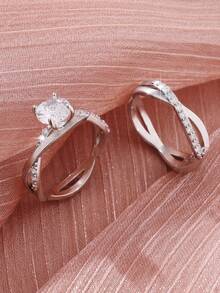 2 pièces Ensemble de bagues rondes en zircone cubique étincelantes et élégantes, Alliances unisexes, Convient pour les vacances, les fêtes, le port quotidien, Cadeau de fête des mères exquis, Parfait pour la Saint-Valentin, Anniversaire - Argent - Voir 1