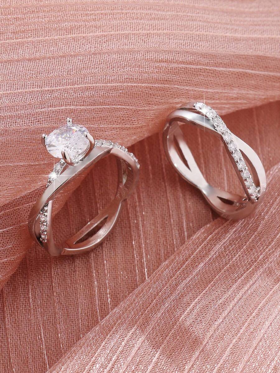 2 pièces Ensemble de bagues rondes en zircone cubique étincelantes et élégantes, Alliances unisexes, Convient pour les vacances, les fêtes, le port quotidien, Cadeau de fête des mères exquis, Parfait pour la Saint-Valentin, Anniversaire - Argent - Voir 1