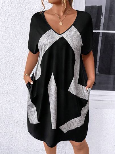 Vestido casual de manga corta con estampado de color contrastante para mujer de talla grande