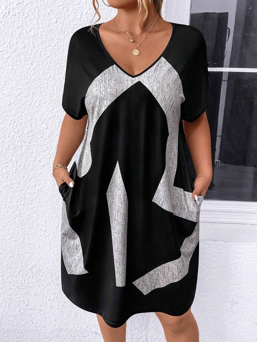 Vestido casual de manga corta con estampado de color contrastante, elegante para vacaciones de verano, talla grande para mujer - Multicolor - Ver 1
