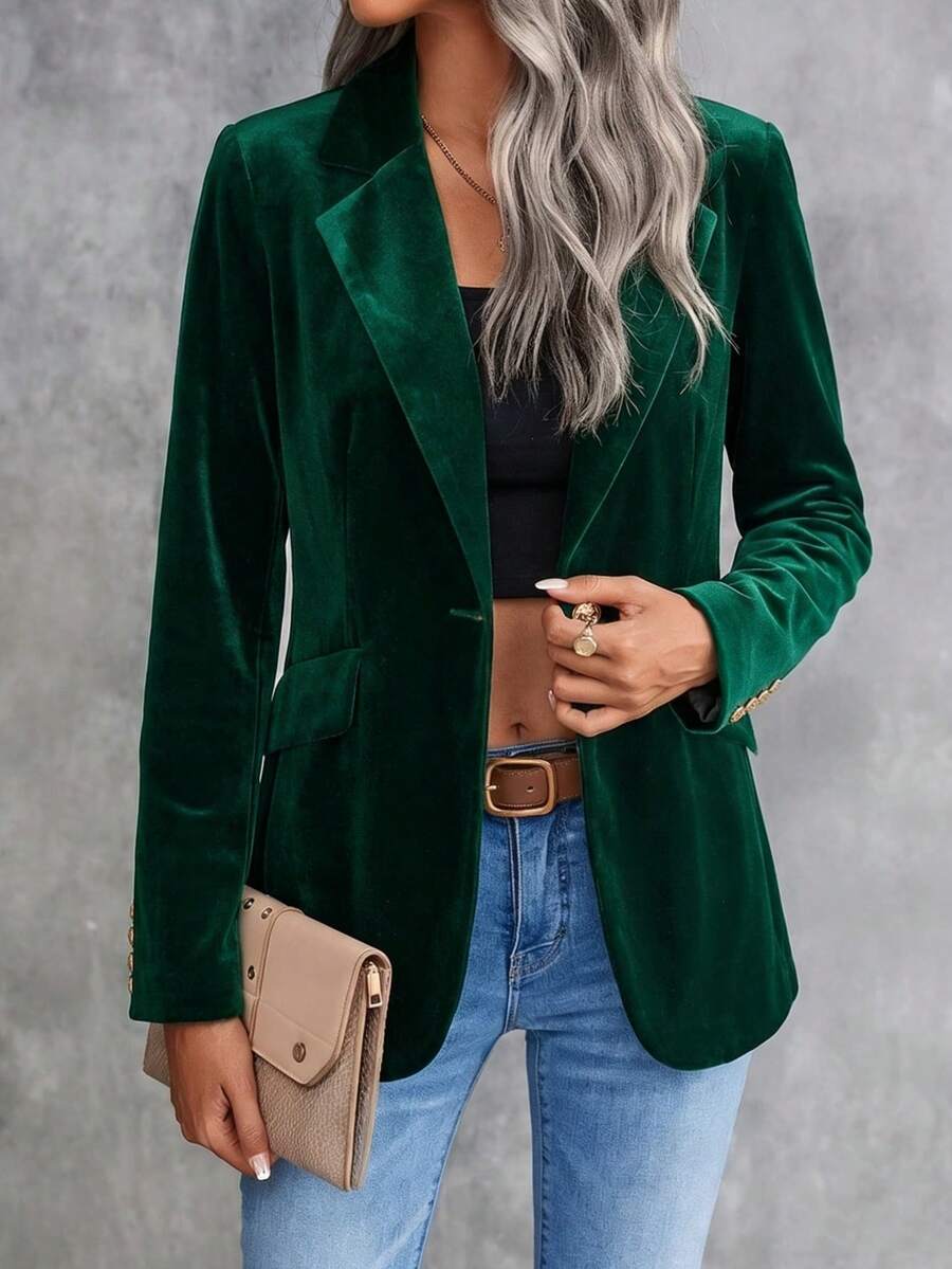 Women's Single-Breasted Velvet Blazer With A Pointed Collar, Suitable For Spring Office Wear Or Parties. Local Warehouse - 綠色 - 查看 1