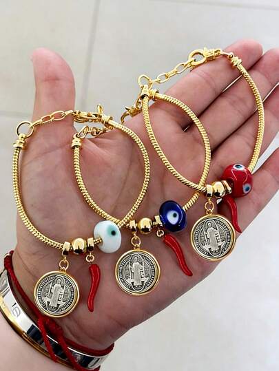 1 pieza Brazalete vintage de moda con cuentas con diseño geométrico de ojo del diablo y colgante de pimiento, adecuado para hombres y mujeres para uso diario, fiesta y vacaciones