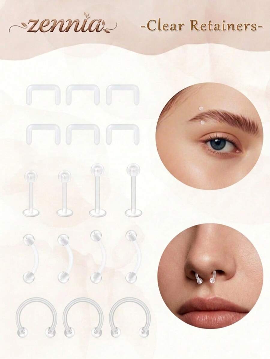 14G 16G Clear Nose Rings Set– Acrylic Septum Retainer&Monroe/Medusa Piercing Retainer For Women Men Flexible UV Comfort For Work Sport Daily Wear - Clear - View 1