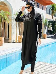 Women Modest Swimsuit Full Coverage Swimwear Islamic Hijab Swimming Burkini Swim Suit Solid Color Black Spring - Black - View 2