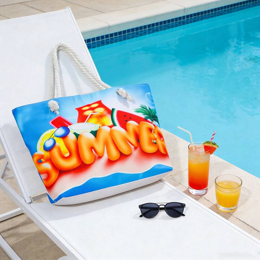 1 Pc Summer Large Beach Tote Bag With Fruit Print Rope Handle Tropical Shoulder Bag For Vacation & Seaside Travel Beach & Holiday - Multicolor - View 1