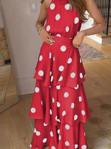 Women's Elegant Polka Dot Sleeveless Shirred Waist Layered Ruffled Dress, Bohemian Style, Spring/Summer - 紅色 - 查看 4