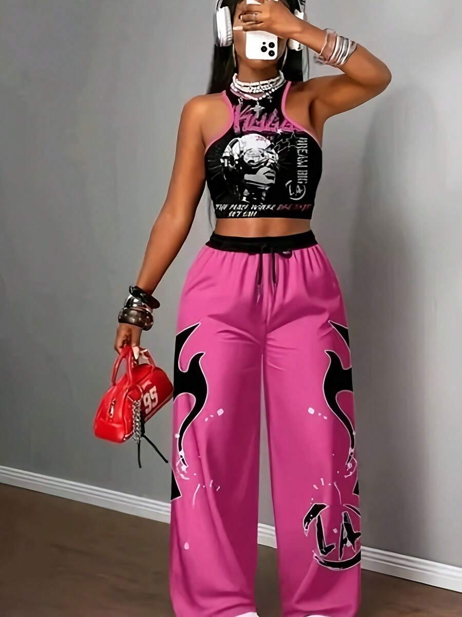 Plus Size Women's Red & Black Color-Block "SPEED" Racing Print Halter Crop Top & Wide Leg Pants Set, American Retro Racing 2-Piece Outfit - Nhiều màu - Xem 1