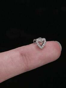 1pc Minimalist Stainless Steel Hollow Heart Shaped Rhinestone Inlaid Body Piercing Clip-On Earring Accessory, Minimally Invasive Piercing - Silver - View 1