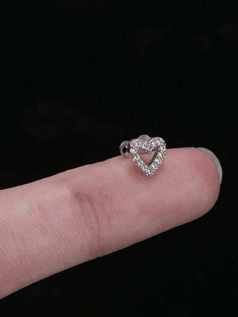 1pc Minimalist Stainless Steel Hollow Heart Shaped Rhinestone Inlaid Body Piercing Clip-On Earring Accessory, Minimally Invasive Piercing - Silver - View 1