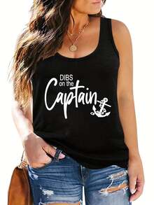 1 Pcs Plus Size Casual Tank Top, Women's Plus Letter Print Crew Neck Medium Stretch Tank Top - Black - View 5