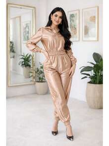 Women's Set: Long-Sleeved Blouse With Shoulder Pads And Jogger Pants In Thick Satin Crepe With Elastane, Fitted Cuffs, Stylish, Modern And Sophisticated - 金色 - 查看 7
