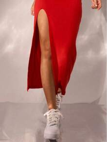 Red Long Dress In High-Gramity Spandex With Padded Cups And Side Slit, Elegant Evening Dress For Parties - Red - View 2