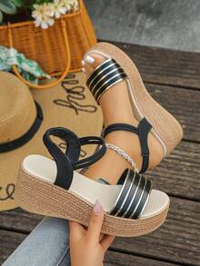 1 Pair Summer Wedge Sandals For Teenagers, Suitable For Daily Outings, Vacation, Beach, Fashion Versatile, Lightweight, Comfortable Casual Thick-Soled Sandals - Black - View 2