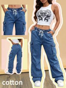 Pantalones de carga de mezclilla con cintura elástica y cordón - Azul lavado oscuro - Ver 3
