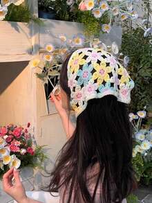 夏季沙滩防晒头巾，女士波西米亚风度假装扮，手工针织三角围巾，发带，花卉头巾，复古法式手工钩编三角围巾，可爱花朵发带，乡村风拍照配饰女士头巾夏季沙滩发带 - 彩色 - 查看 5