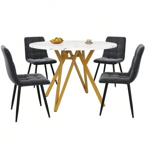 Dining Table Set (5 Pieces), Dining Table Set With 4 Chairs, Modern Kitchen Dining Table Set, 100cm Diameter Round Kitchen Table With Gold Metal Legs, MDF Tabletop With Marble Effect, Grey Dining Chairs - Gold - View 1