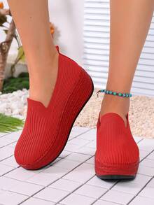 Women's Platform Slip-On Shoes, High Wedge Heel Solid Color Shaking Shoes, Comfortable Thick-Soled Elevator Shoes - Versatile Casual Shoes For All Seasons, Fashionable Daily Wear (Multiple Colors Available) - Red - View 6