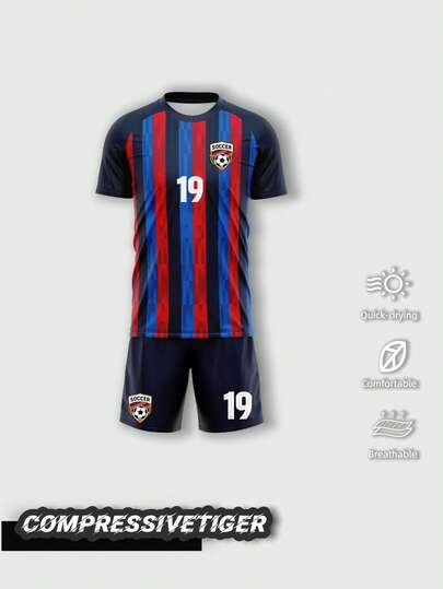 Customized Barcelona Style Football Outfit For Teenagers: Personalized With Name And Number, Short Sleeve Jersey And Shorts, Quick-Dry Moisture-Wicking Fabric, Gift For Young Fans