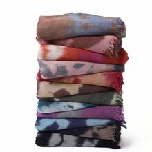 1pc New Linen Gradient Blue Scarf, Vintage Versatile Printed Long Pleated Scarf For Women, Autumn/Winter - Multicolor - View 4