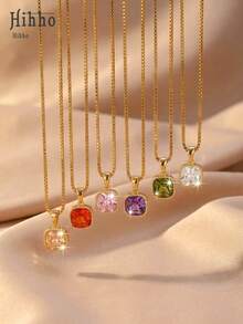 Hihho 1pc Vintage Luxury Sugar Cube Necklace, Featuring Delicate Box Chain And Multi-Color Square Gemstones With Lace Edging Craftsmanship. Versatile For Casual, Retro, Commute, And Sweet Styles, Suitable For T-Shirts To Cocktail Dresses, Fits Daily, Dating, And Party Occasions, Satisfying Various Outfit And Gift Needs. - Rainbow Sugar Cubes - View 2