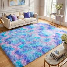Soft Shaggy Area Rug For Living Room, Thick Fuzzy Rug For Bedroom, Modern Spring Decor Aesthetic, Upgrade Non-Slip Fluffy Carpet, Ideal Gift For Mother's Day,Housewarming, Easter, Dry Clean Only, With 4 Carpet Stickers, Tie-Dye Blue Rainbow - 紮染蘭彩虹 - 查看 3