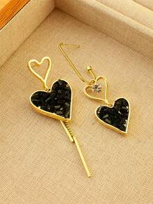 1 par de pendientes colgantes asimétricos de corazón negro con borlas románticas para mujer, joyería exagerada como regalo para el Día de San Valentín/Cumpleaños - Multicolor - Ver 1