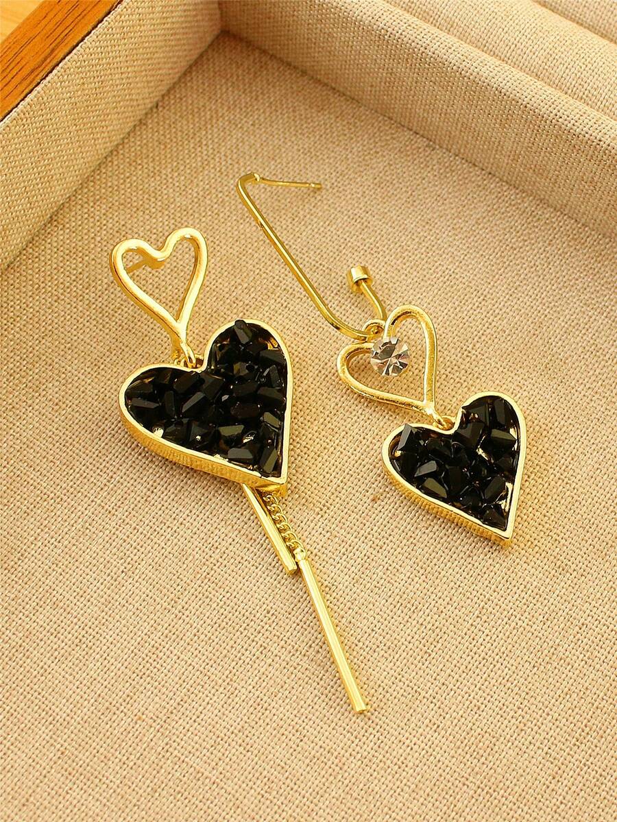 1 par de pendientes colgantes asimétricos de corazón negro con borlas románticas para mujer, joyería exagerada como regalo para el Día de San Valentín/Cumpleaños - Multicolor - Ver 1