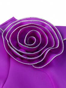 Plus Size Women's Purple Elegant A-Line Mini Dress With 3D Floral Asymmetric Neckline, Spring/Summer Cocktail Party Evening Gown - Purple - View 6