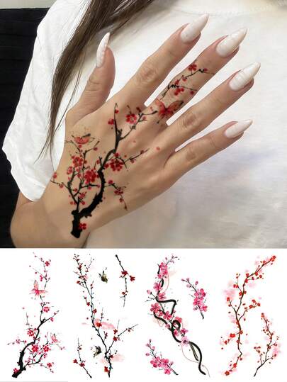 4 Sheets Big Size Body Art Temporary Tattoo Stickers For Women, Colorful Japanese Style Plum Blossom Pattern, Waterproof Fake Tattoo, Lasts 2-5 Days, Covering Scars,Can Be Used On Arms Wrist Shoulders Legs Waist Neck Hand Chest Thighs Finger Ankle, Suitable For Parties, Gifts, Vacations, Body Decoration Hot Summer