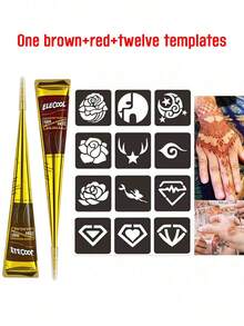 [Colorful Henna Tattoo Set]High-Quality Henna Tattoos In Multiple Colors, 12 Reusable Random Stencils | Pre-Mixed Natural Henna Dye For Temporary Body Art | Waterproof And Smudge-Proof, Durable | Beginner-Friendly DIY Kit, Suitable For Parties, Festivals, Halloween, Weddings, And Henna Nights - 紅色+棕色 - 查看 2