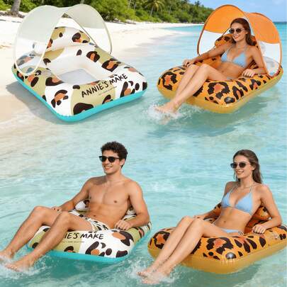 1件装可拆卸顶篷豹纹充气躺椅，可拆卸顶篷设计，带杯架和枕头，休闲度假风格，经典豹纹元素，适用于游泳池、沙滩、海边、泳池派对、水上乐园、水上音乐会、水上休闲、充气漂浮物、泳池漂浮物、水上休息座椅、充气筏，充气泵需另行购买。