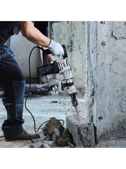 Martillo demoledor eléctrico  , martillo neumático resistente de 1400 W con 2 brocas de cincel y estuche de transporte, 2900 BPM para romper hormigón, incluye guantes negros,plata