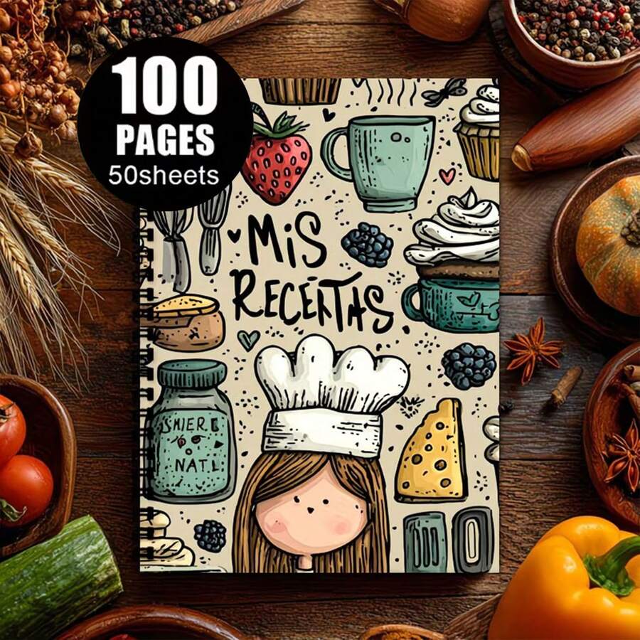 1 Peça Livro de Receitas Espanholas | Caderno com Espiral - Coleção A5 para Homens e Mulheres, Comporta até 100 Ideias de Culinária com Design Temático de Chef e Padaria, Sem Caneta Incluída. - B - Visão 1