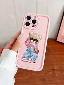 1pc Pink Bear Pattern Phone Case, Fashionable Glasses Bear Design Matte Shock-Proof Protective Cover Suitable For IPhone 17 Pro Max/17 Pro/17/16 Pro Max/16 Pro/16/15/14/13/12/11/Pro/Pro Max/X/XR/XS/XS Max/7/8/Plus - Multicolor - View 6