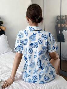 Dreamivo 女士蓝色短款睡衣套装 - 短袖纽扣领上衣和裤子，柔软舒适，可机洗，可外穿，夏季 - 藍色 - 查看 2