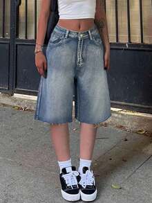 Y2K Retro Slant Pocket Fringe Hem Wide Leg Denim Bermuda Shorts, Casual Shorts Summer - Retro Blue - View 7